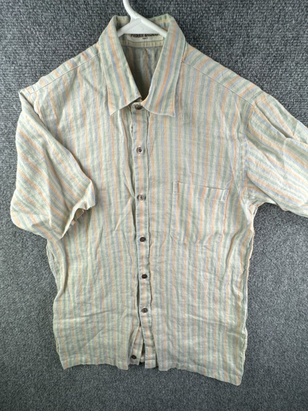 Pierre Balmain Paris All Hemp Button Up Short Sleeve Striped Green Orange Med